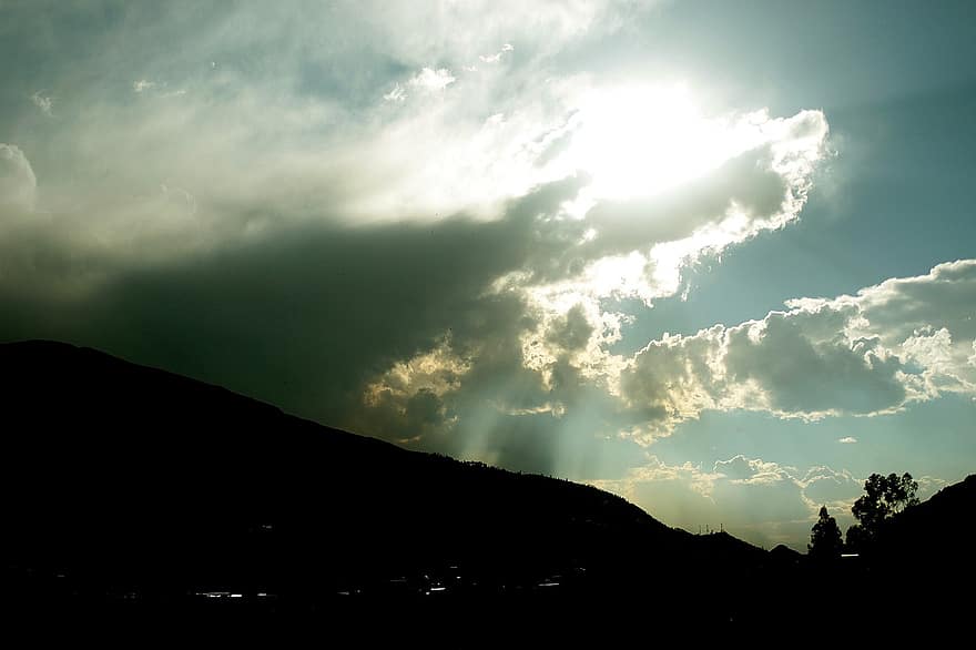 montagna, cielo, nuvole, silhouette, luce del sole, buio, nuvoloso, paesaggio