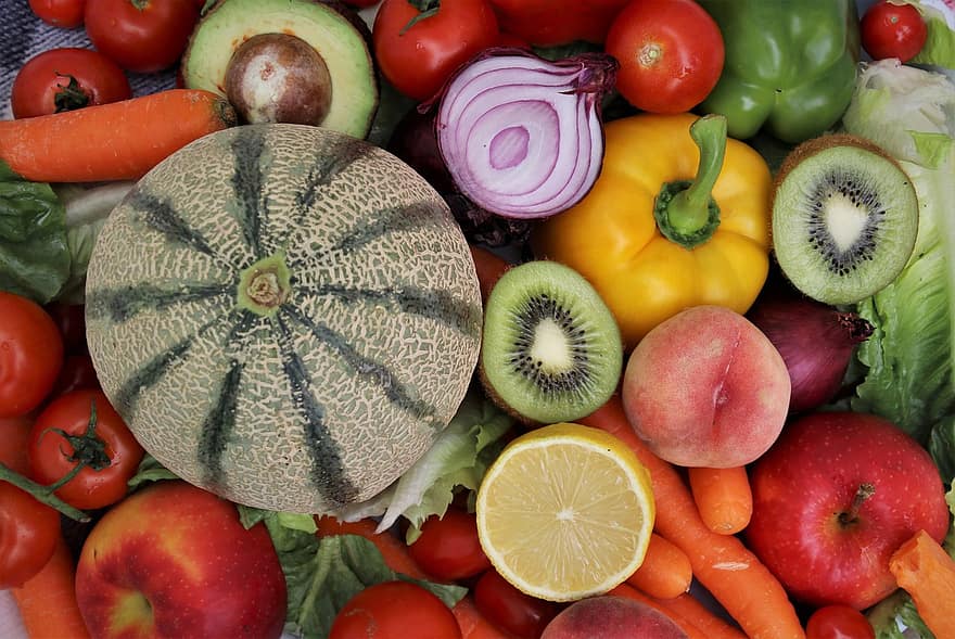 зеленчуци, плодове, цветен, диета, хранене, пъпеш, киви, прясно, вкусно, храна, годен