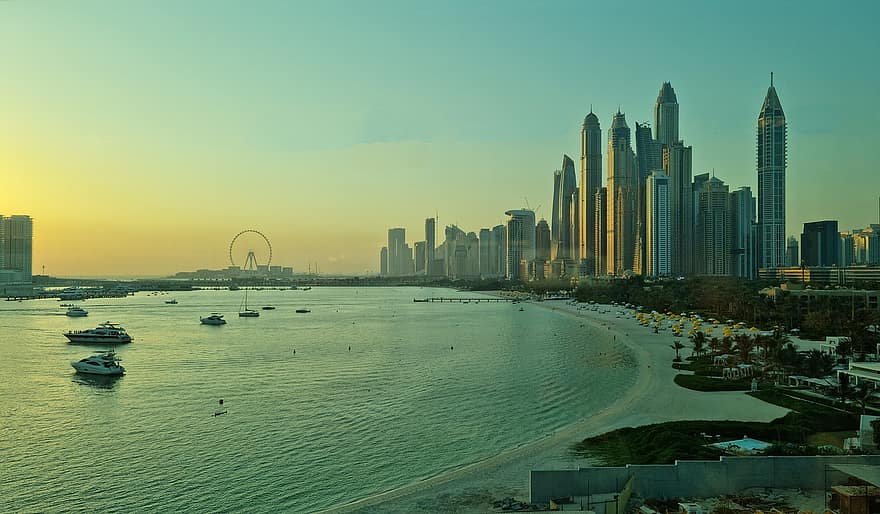 Дубай, плаж, залез, море, ОАЕ, пейзаж, градски пейзаж, небостъргач, градски силует, известното място, архитектура