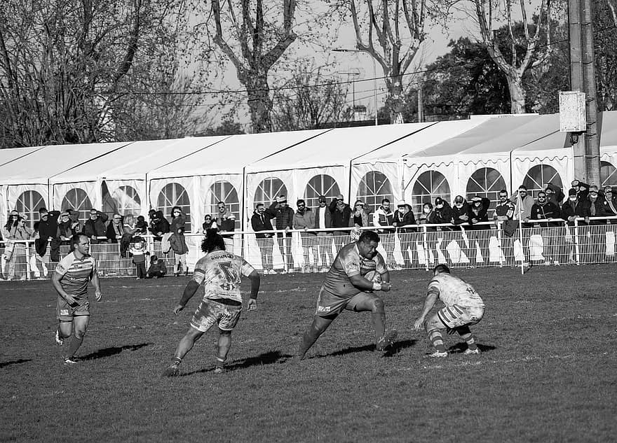 Sport, Rugby, Team, Players, Monochrome, Community, black and white, crowd, men, grass, child