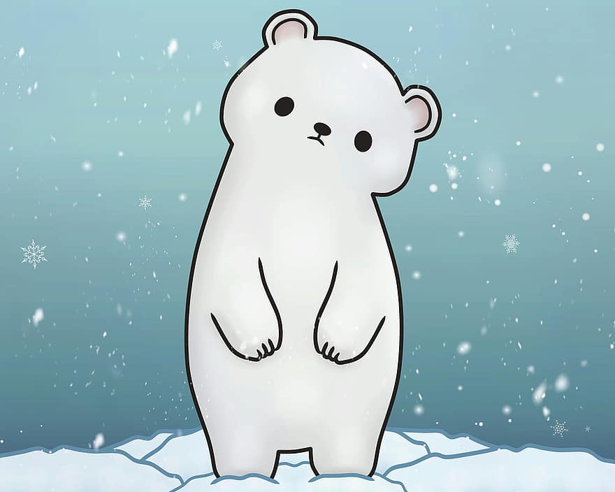 Полярный медведь, снег, идет снег, зима, иллюстрация, каваи, нежный, обожаемый, животное, отлично, снежинки
