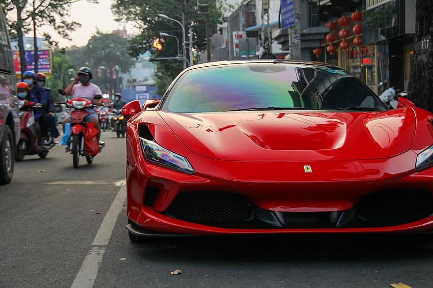 Ferrari, F8, Tributo, supercar, samochód, pojazd, automobilowy, transport, czerwony samochód, błyszczący samochód, luksusowy samochód
