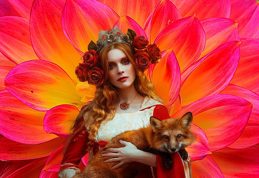 ファンタジー、レディ、狐、肖像画、女性、王族、女王、ペット、動物、花、花びら