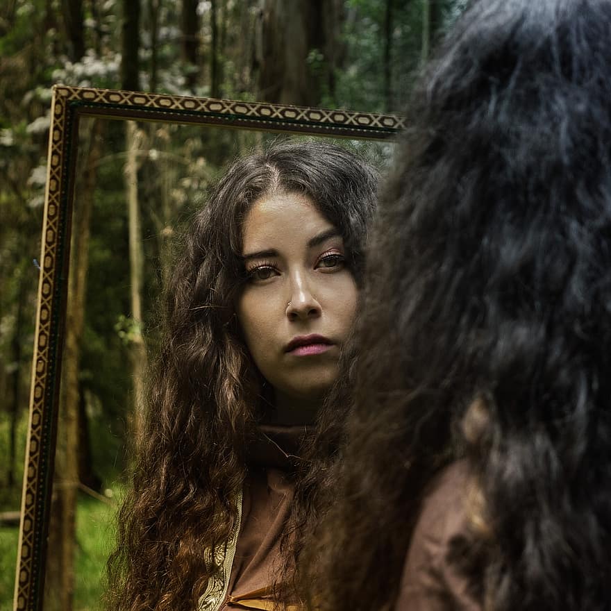 Woman, Model, Mirror, Reflection, Trees, Forest, Landscape, Nature, Wellness