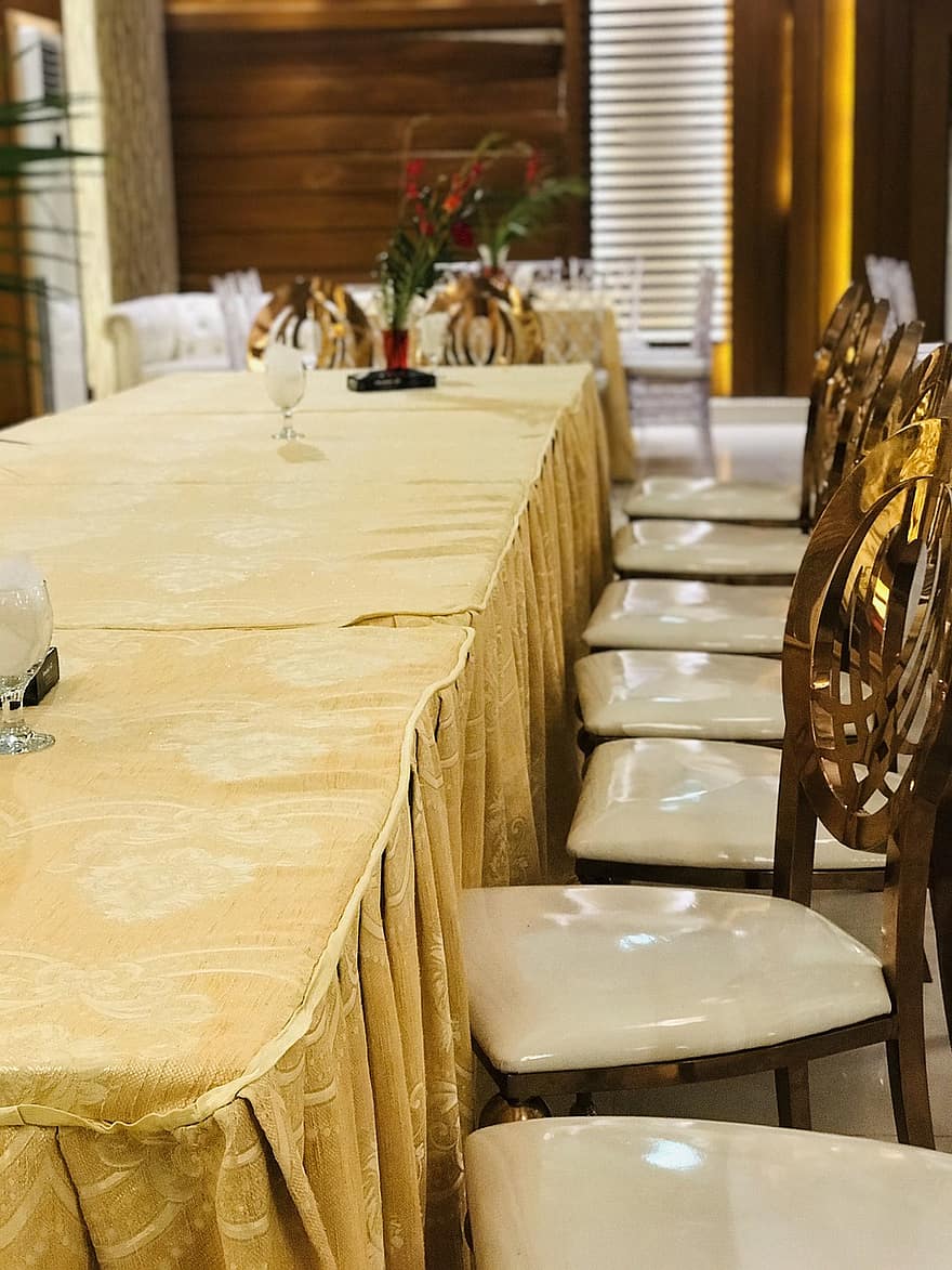 Marriage Hall, Banquet, table, chair, indoors, domestic room, modern, luxury, wood, decoration, elegance