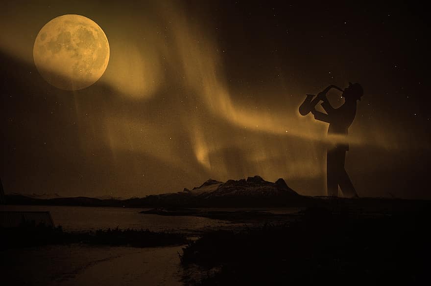 músico, Aurora boreal, luz da lua, montanhas, panorama, lua, saxofone