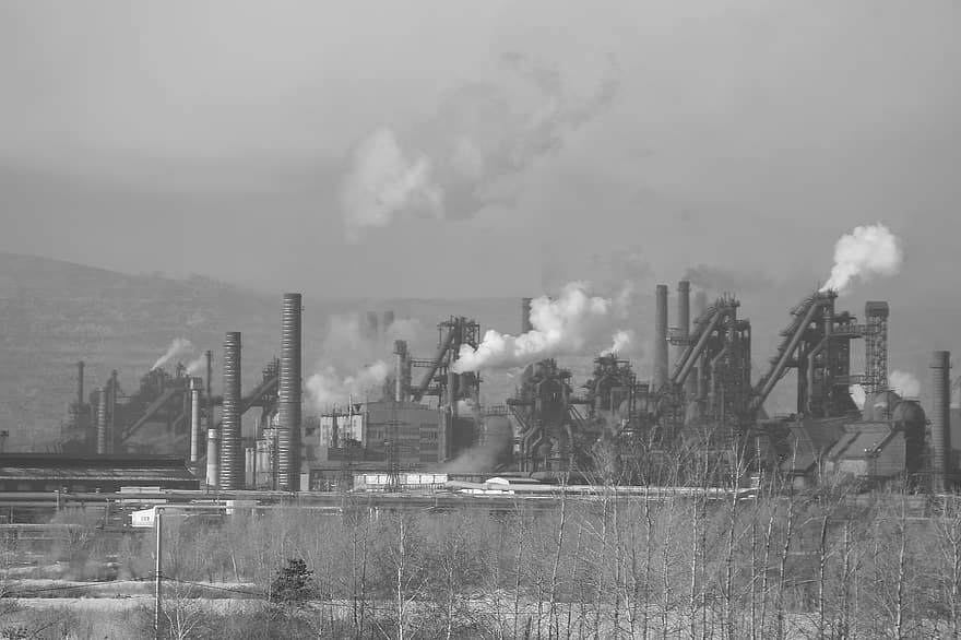 sort og hvid, industri, stål, fabrik, monokrom, forurening, røg