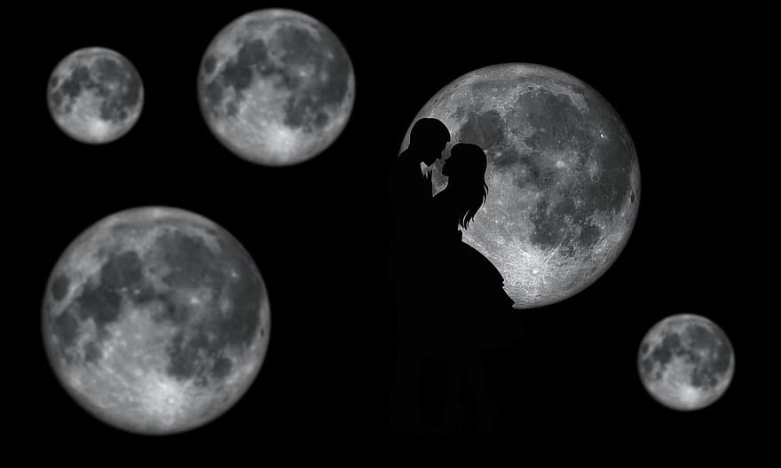 mēness, naktī, pāris, fantāzija, sapnis, iedomāts, mīlestība