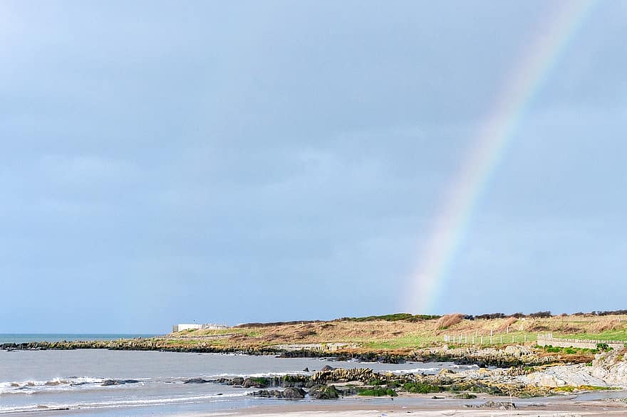 Beach, Clogherhead, Rainbow, Sea, Coast, Louth, Ireland, Europe, Nature, Shore, Sky