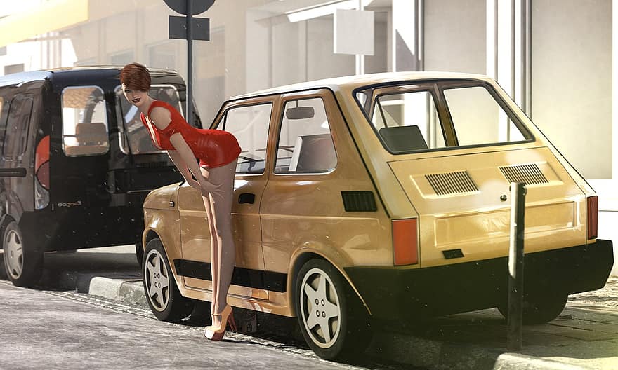 польский Fiat 126p, 3d модель, модель, женщина, автомобиль, Fiat 126p, улица, город, желтый, мини, высокие каблуки