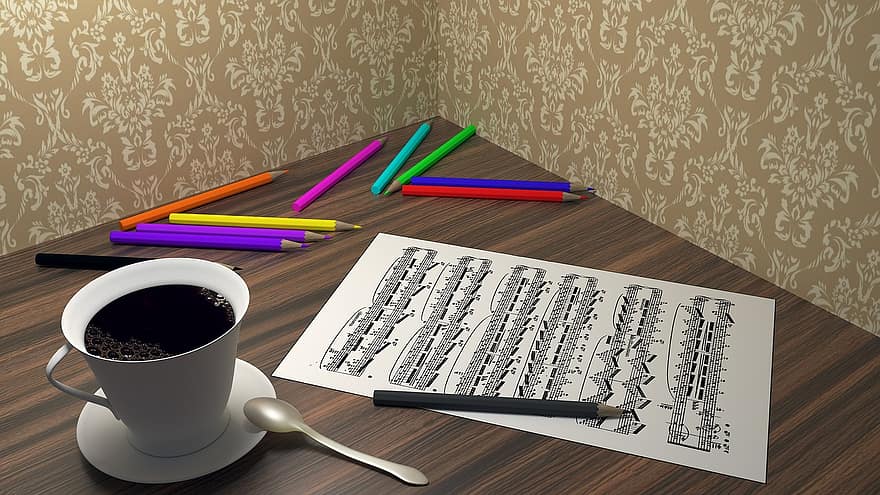 kaffe, blyanter, farveblyanter, kop kaffe, nodeblad