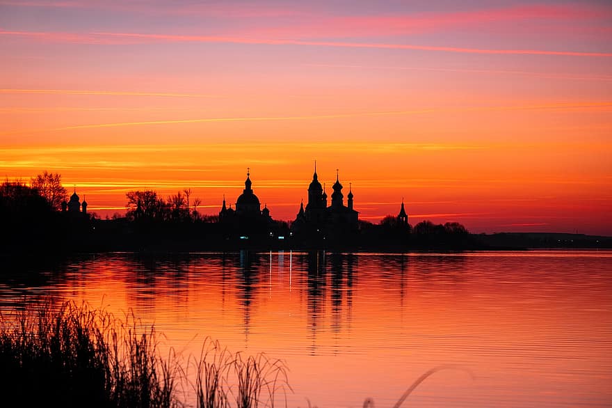 le coucher du soleil, église, rivière, Rostov, Russie, monastère, église orthodoxe russe, bâtiment, dôme, ancien, historique