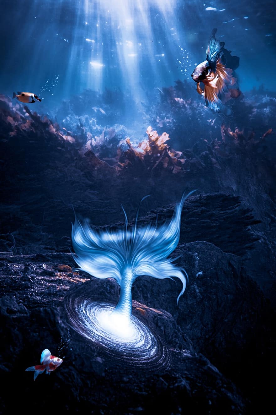 Meerjungfrau, unter wasser, mythische Kreatur, Meer, Ozean, Zauber, Kunst, Fisch, Wasser, tief, Leben im Meer