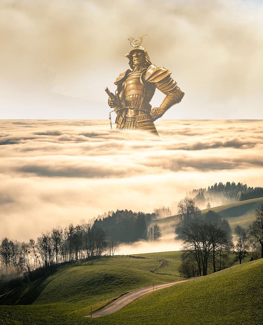 ogromny, samuraj, Fantazja, wojownik, golem, statua, gigantyczny, chmury, lochy i Smoki, surrealistyczny, mgła