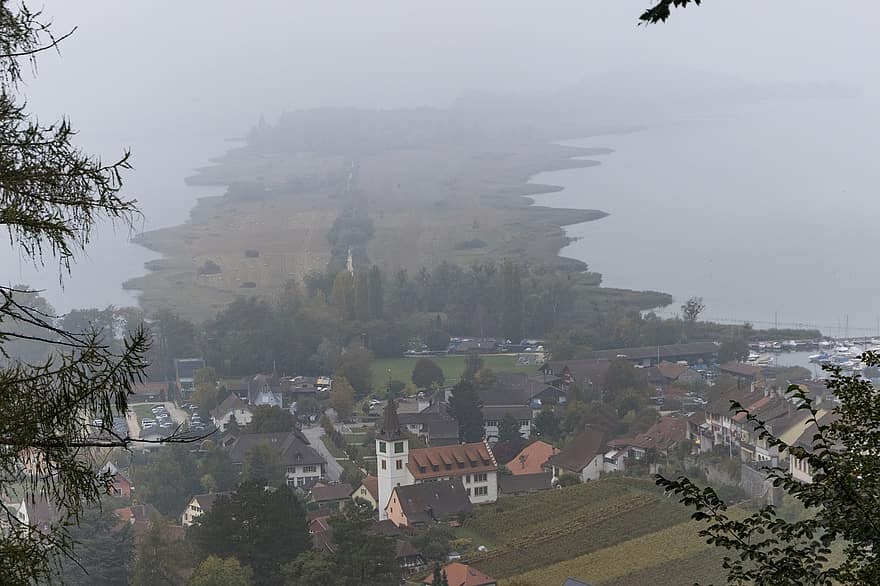 brouillard, lac de bienne, Suisse, Erlach, berne, brume, Lac