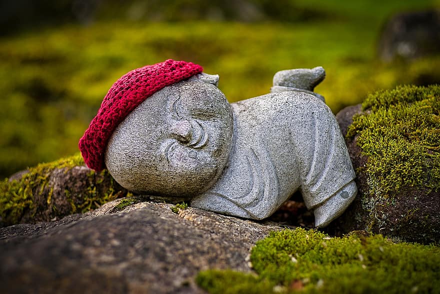 estatua, escultura, monje, pequeño monje, bebé monje, estatua de piedra, escultura de piedra, decoración, jardín, Miyajima, Japón