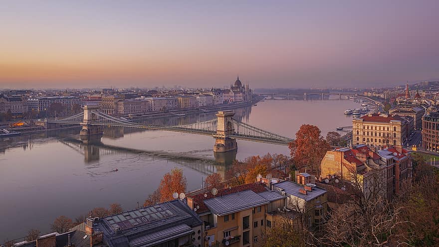 budapest, puente de cadena, ciudad, río, puente, Danubio, Hungría, paisaje urbano, edificios, capital, urbano