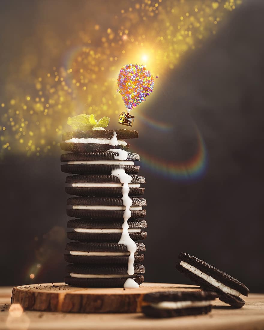 Cookies, Stack, Snack, Stack Of Cookies, Oreos, Balloons, Fantasy, Surreal, Photomontage, Photo Manipulation, Photo Art