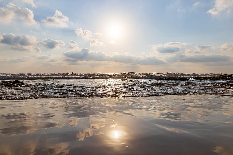 море, океан, волны, пляж, песок, берег, природа, Израиль, 4k