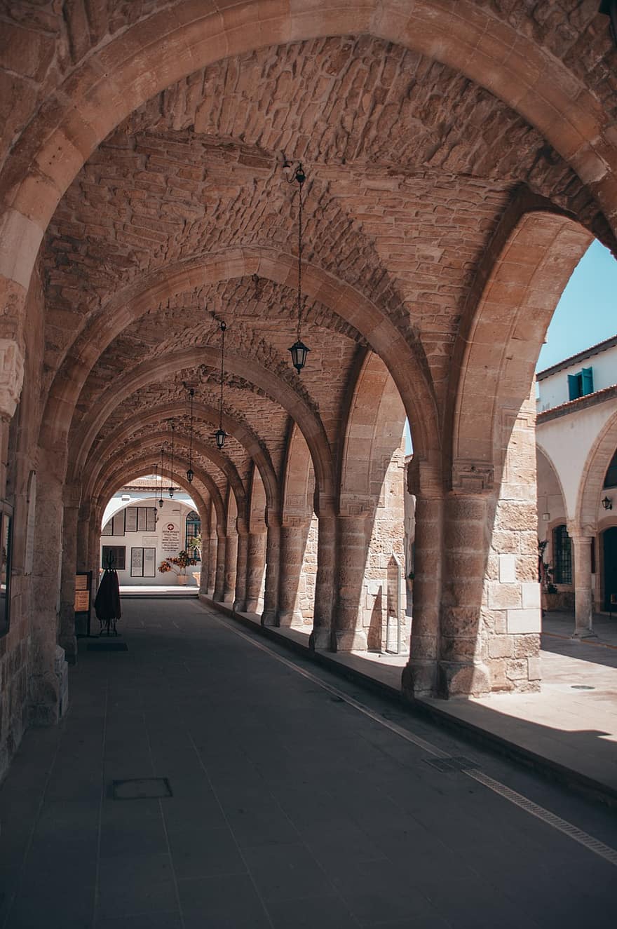 arquitectura, arcada, arcos, corredor, pasillo, pasaje, cantería, albañilería, Iglesia, Chipre, gótico