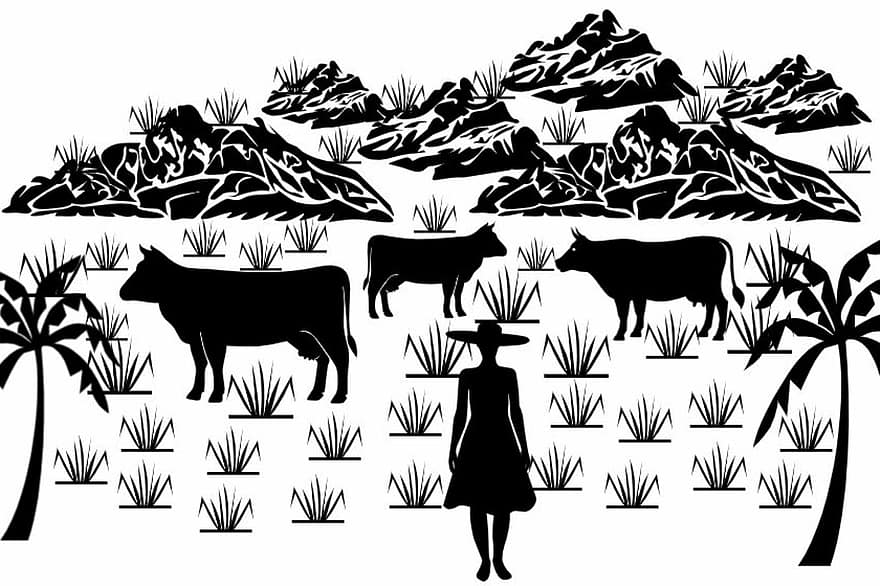 granja, agricultura, rural, paisaje, naturaleza, campo, oveja, vector, ilustración, silueta, vaca