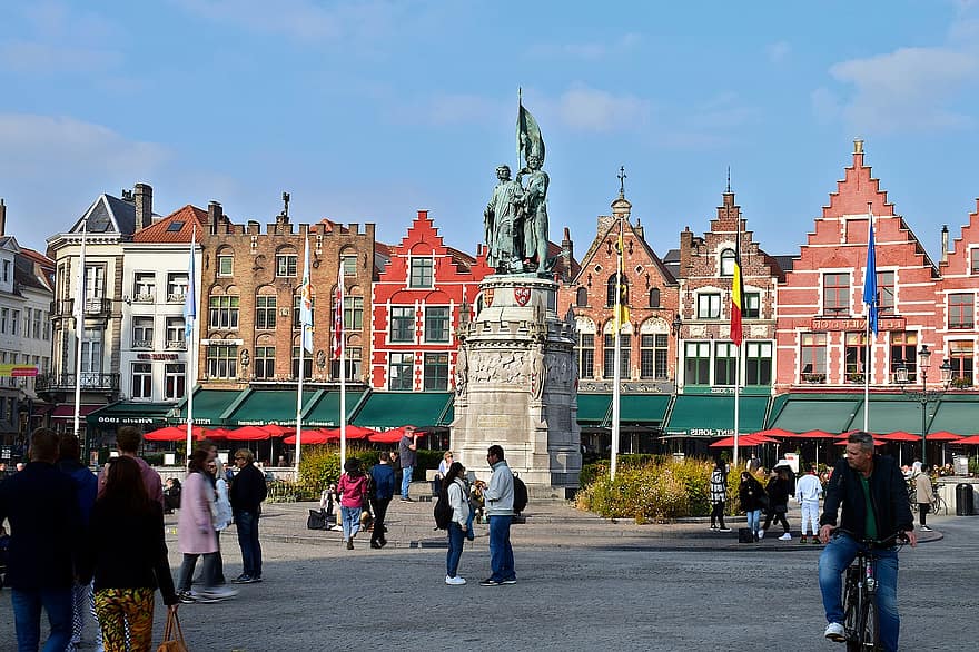 tržiště, bruges, památník, socha, markt, Belgie, sochařství, budov, historický, náměstí, město