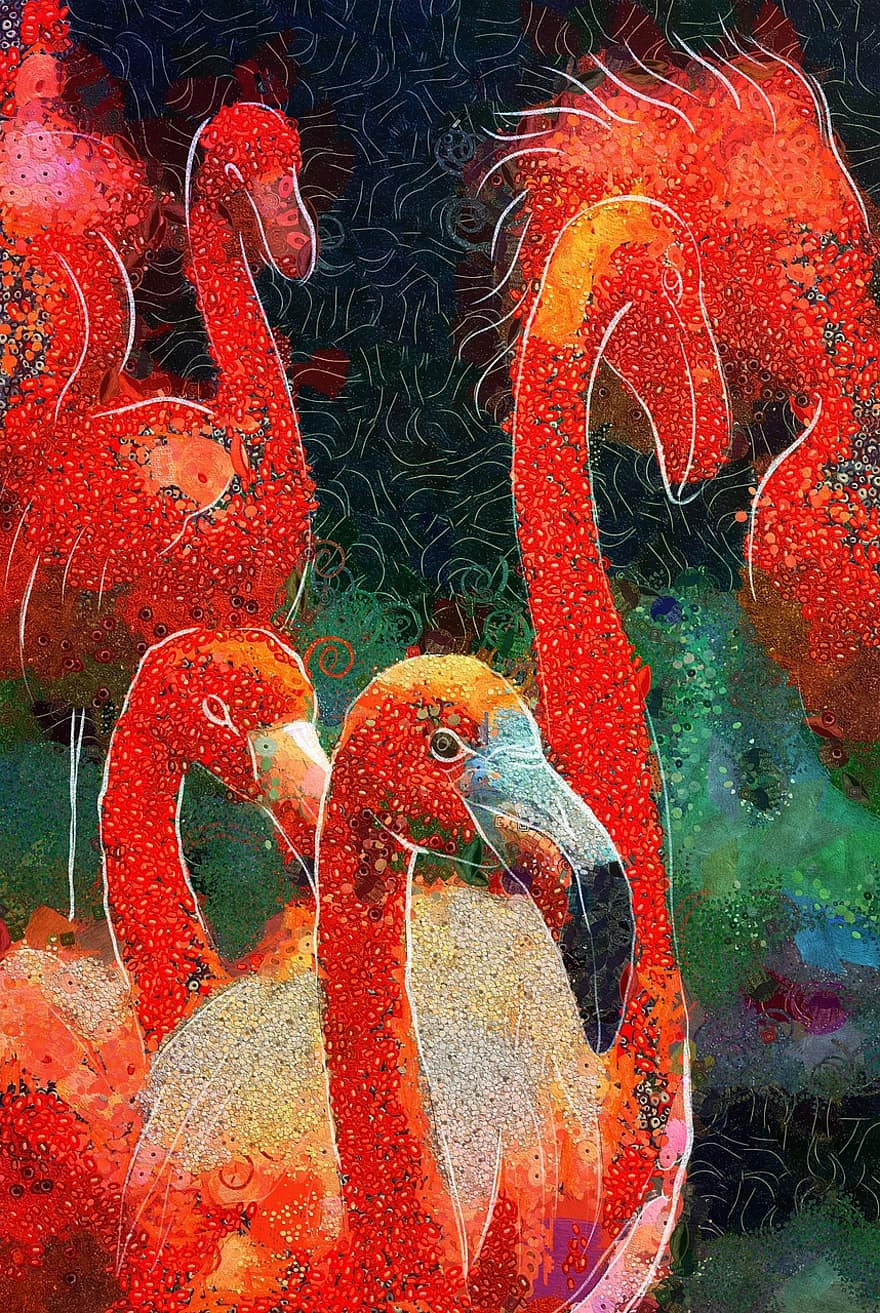flamingoja, lintuja, eläimet, kahlaavat linnut, vesilintuja, punaiset flamingot, villieläimet, höyhenpeite, nokka, taide, digitaalinen maalaus