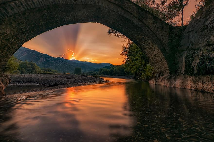 puente, río, viaje, agua, arquitectura, horizonte, paisaje, puesta de sol, Grecia