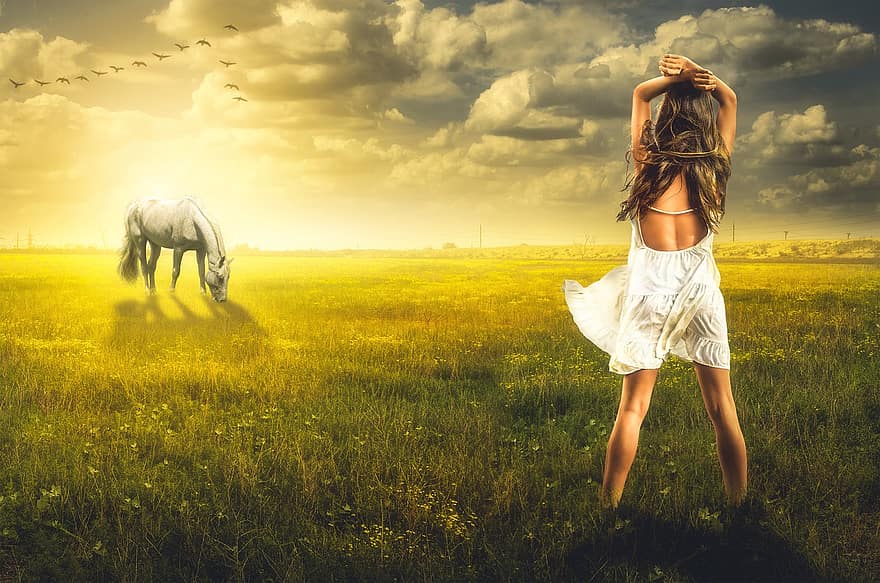 момиче, кон, поле, трева, залез, слънце, растителност, лято, вечер, топло, мечта