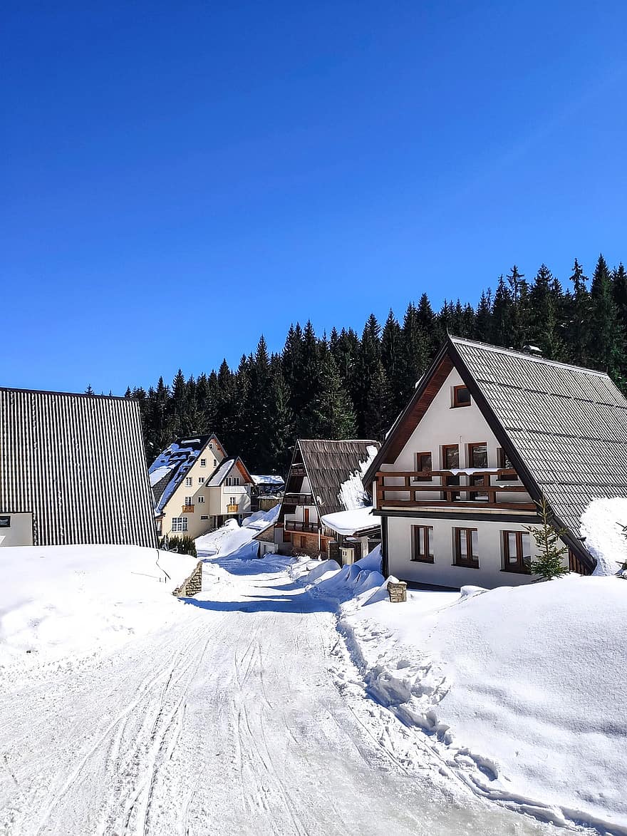 landskabet, by, vinter, sæson, sne, huse, Vlašić, bosnien, bjerg, chalet, kabine