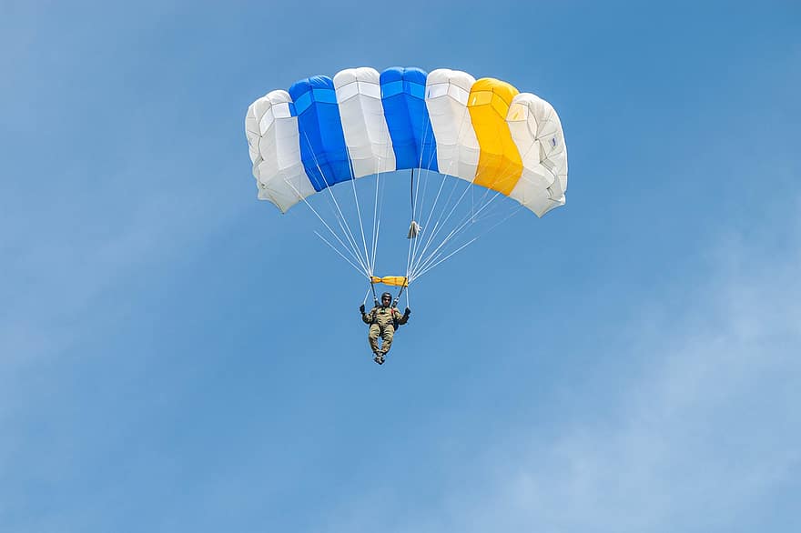 paraşutist, paraşuta, militar, sporturi extreme, zbor, bărbați, sportiv, albastru, parașutism, aventură, la mijlocul-aer