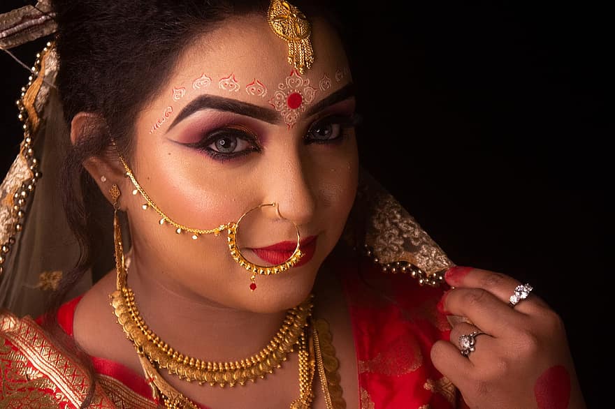 huwelijk, Indiaas, bruid, Indiase vrouw, Indiase bruid, Indiase bruiloft, accessoires, accessorize, model-, portret, Indiaans model