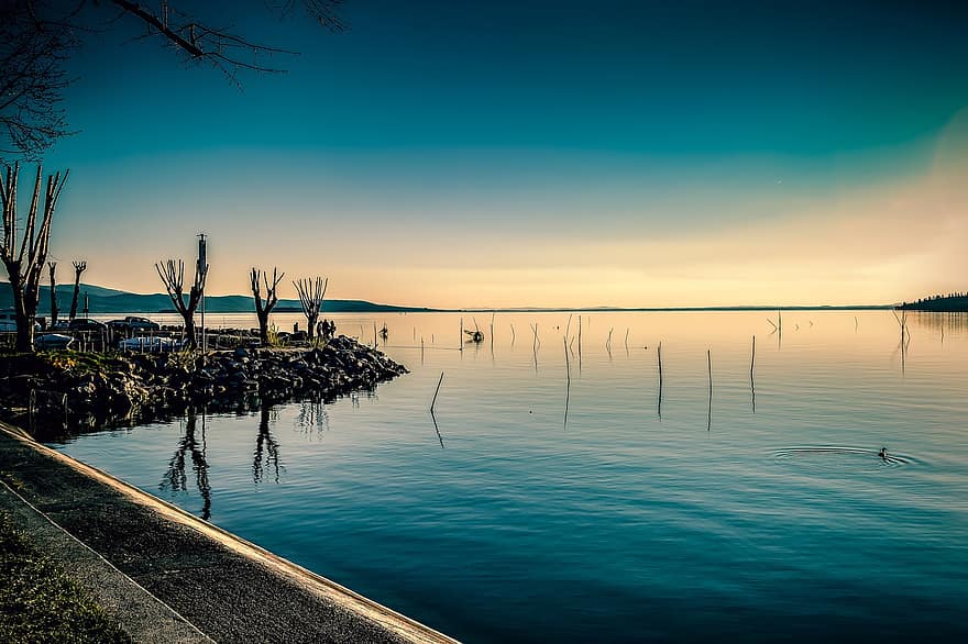 tó, napnyugta, visszaverődés, kék, tájkép, ég, nyugodt, Napkelte, Umbria