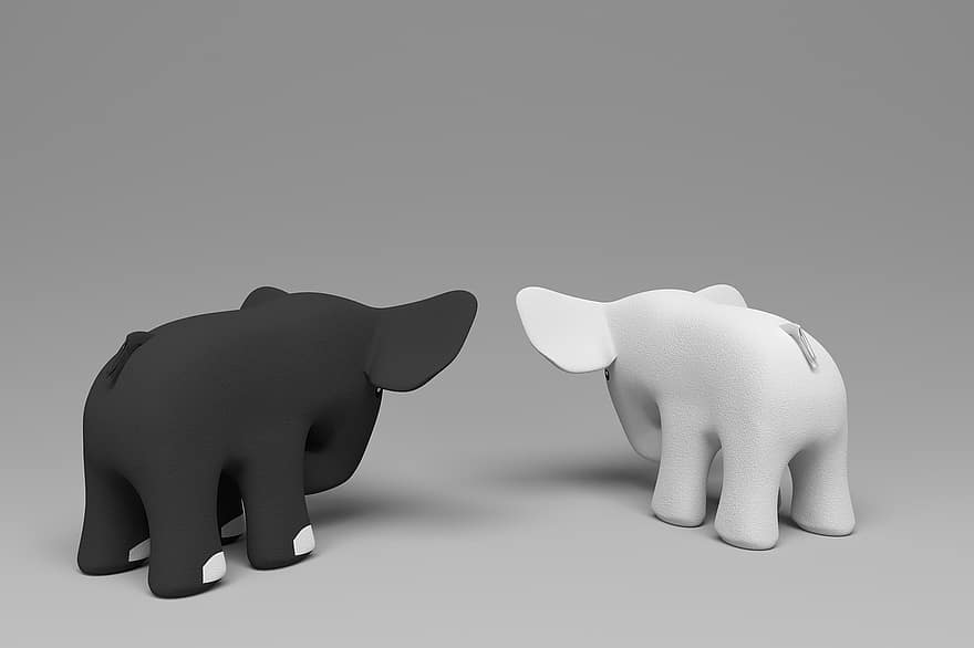 elefanti, elefante bianco, elefante nero, due elefanti, sfondo chiaro, giocattolo, elefante giocattolo
