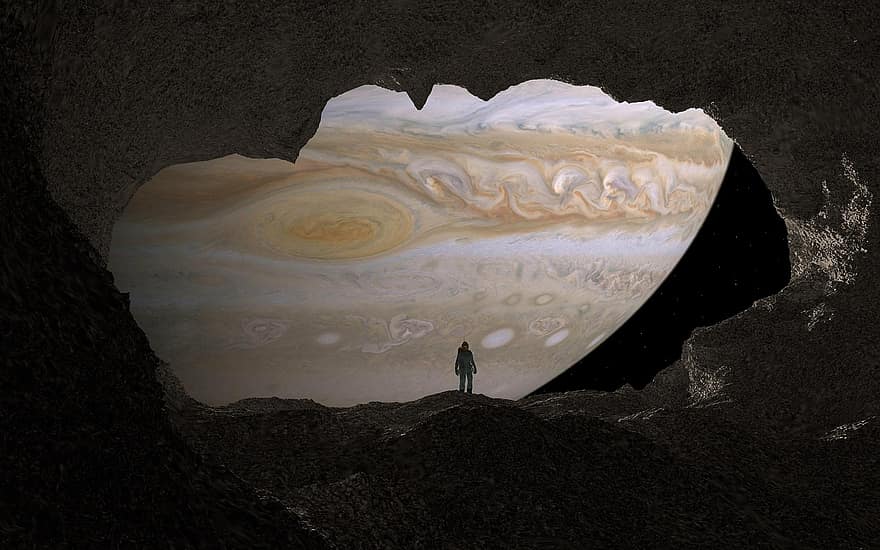 пещера, Юпитер, космонавт, пространство, планета, камень, подсветка, отраженный свет, тень, мрачный, темно