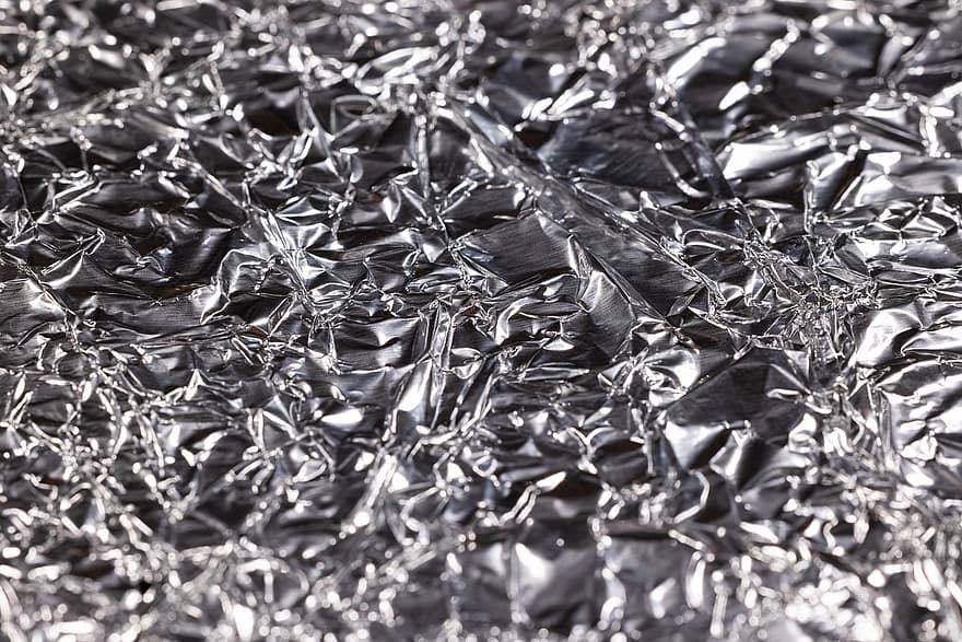 aluminiumfolie, folie, bakgrund, aluminium folie, skrynkliga, textur, metallisk, grå, skinande, dekorativ, abstrakt