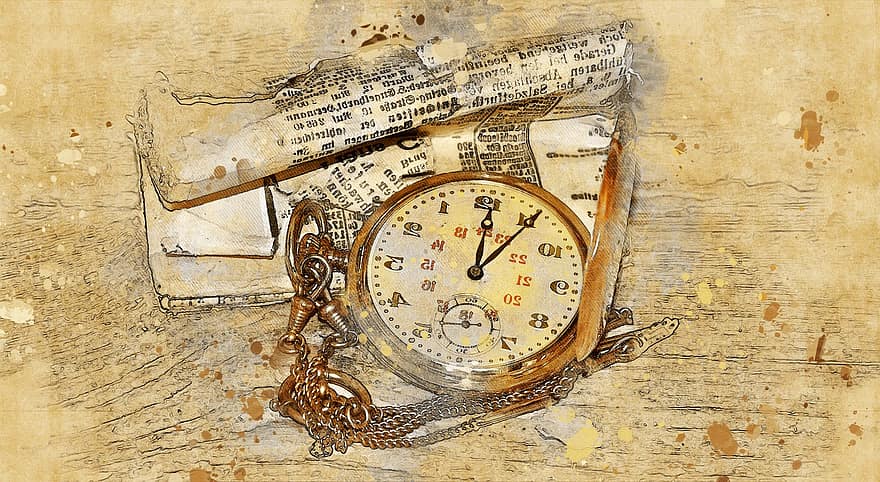 Pocket Watch, Clock, Gold, Clock Face, Time Of, Nostalgia, Newspaper, Rolled, Wood, Close Up, Vintage