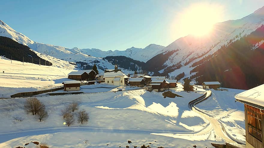 muntanyes, cases, poble, neu, fred, hivern, naturalesa