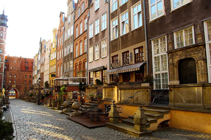 gdańsk, gata, radhus, morgon-, turism, stad, urban, arkitektur, känt ställe, kulturer, byggd struktur