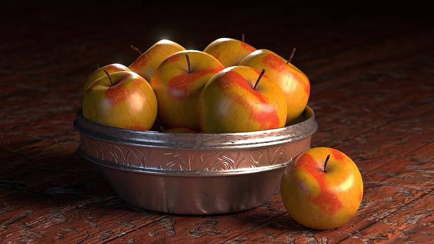 แอปเปิ้ล, ขัน, โลหะ, สตูดิโอ, แสง, เป็นผู้ใหญ่, ไม้กระดาน, พื้น, 3d, วัสดุ, ผลไม้