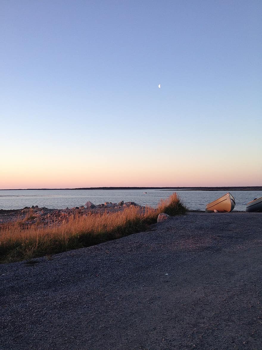 solnedgang, kyst, james bay, Québec, båter, natur, kystlinje, grus, vann, horisont, blå himmel