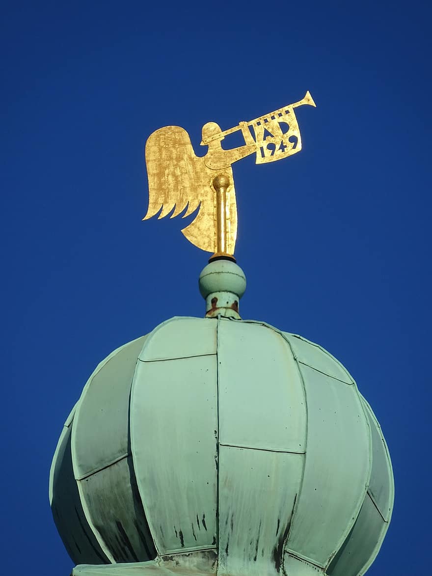 Church Tower, Angel, Statue, Trumpet, Facade, Tower, blue, christianity, symbol, religion, architecture