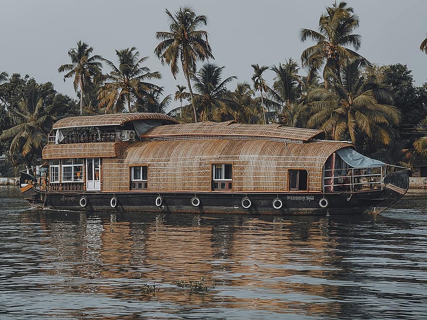 ล่องเรือเรือนแพ, Kerala backwaters, อินเดีย, เรือข้ามฟาก, แม่น้ำ, Alleppey, ธรรมชาติ, เรือนแพ, Alappuzha