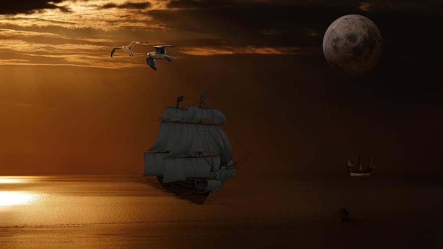 sfondo, oceano, Luna, navi, tramonto, fantasia, arte digitale