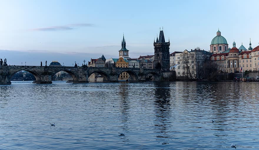 charles híd, folyó, építészet, panoráma, cseh, Prága, ég, öreg város, város, híd, Európa
