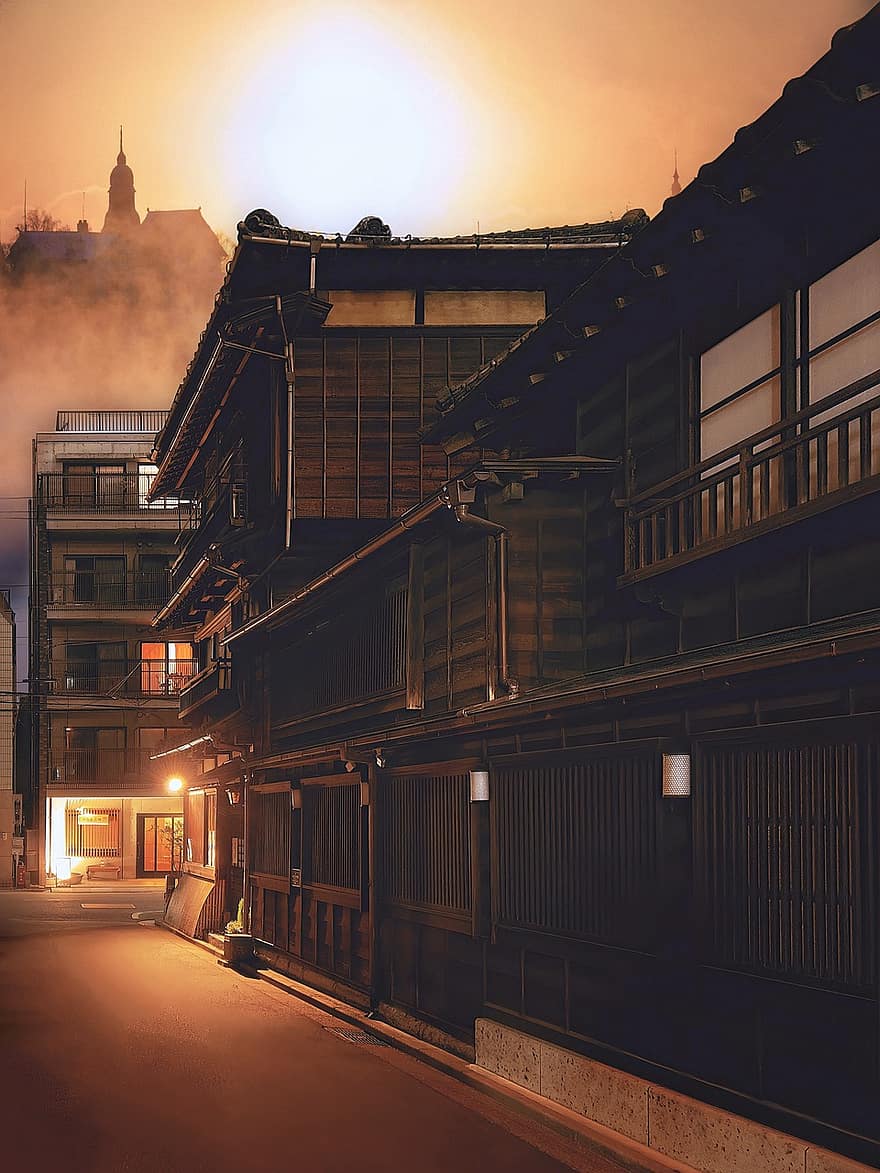 alee, colţ, seară, arhitectură, Orașul Bunkyo, amurg, ceaţă, Japonia, apus de soare, Tokyo, Arhitectura tradițională japoneză