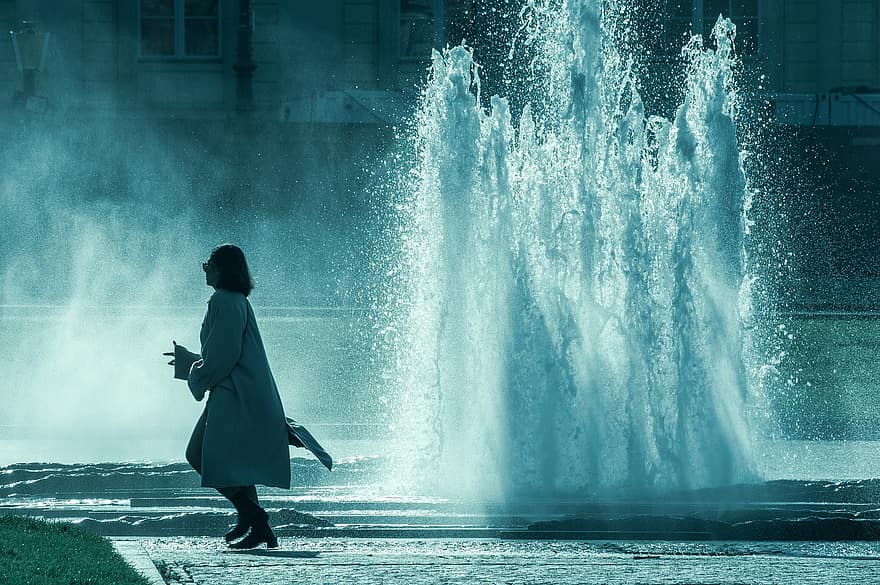 Woman, Fountain, Park, men, one person, women, adult, water, wet, walking, night