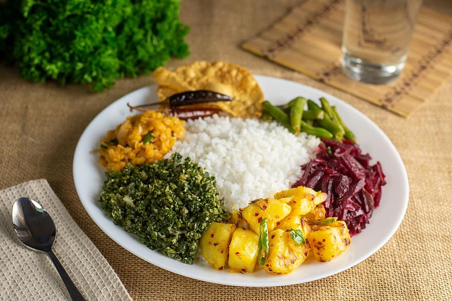 arroz, curry, comida, plato, cocina, de Sri Lanka, arroz y curry, vegetal, sabroso, delicioso, tradicional