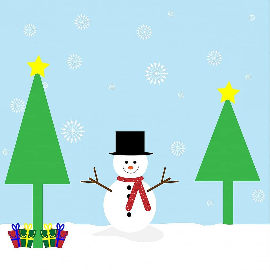 คริสต์มาส, มนุษย์หิมะ, เกล็ดหิมะ, หิมะ, แบบแผน, พื้นหลัง, บัตร, ศิลปะ, การ์ตูน, น่ารัก, ต้นคริสต์มาส