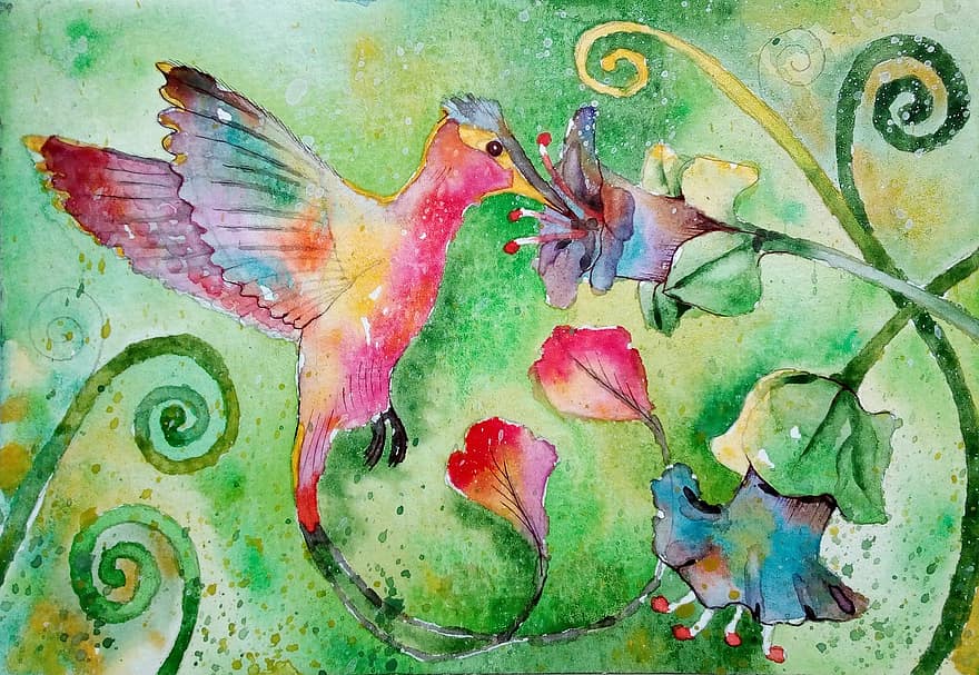 фигура, птица, картина, колибри, цветы, природа, животные, птицы, Изобразительное искусство, иллюстрация, художественное произведение